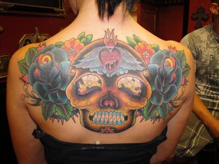 Tattoos - Traditional roses and Suger Skull Back tattoo - 73790